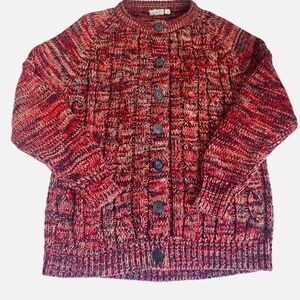 Vintage Cable Knit Acrylic Cardigan Sweater Chunky Fisherman Women's Large Red